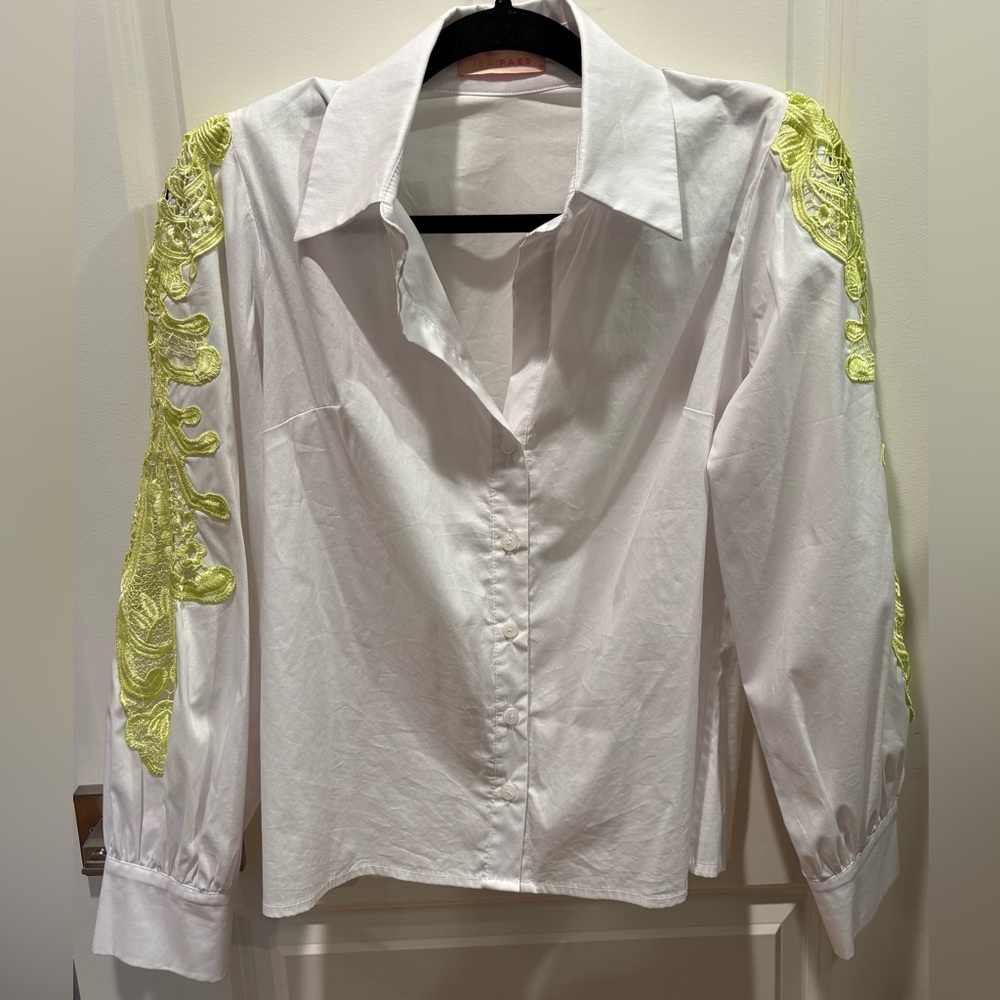 Classic White Button-Front Blouse with Neon Lime Sleeve Embroidery